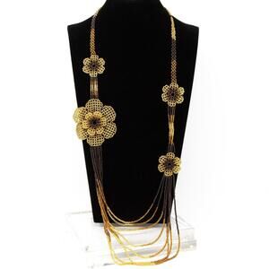 Vtg Beaded Folk Art Gold Tone Flowers Seed Beads Long Handmade Boho Necklace